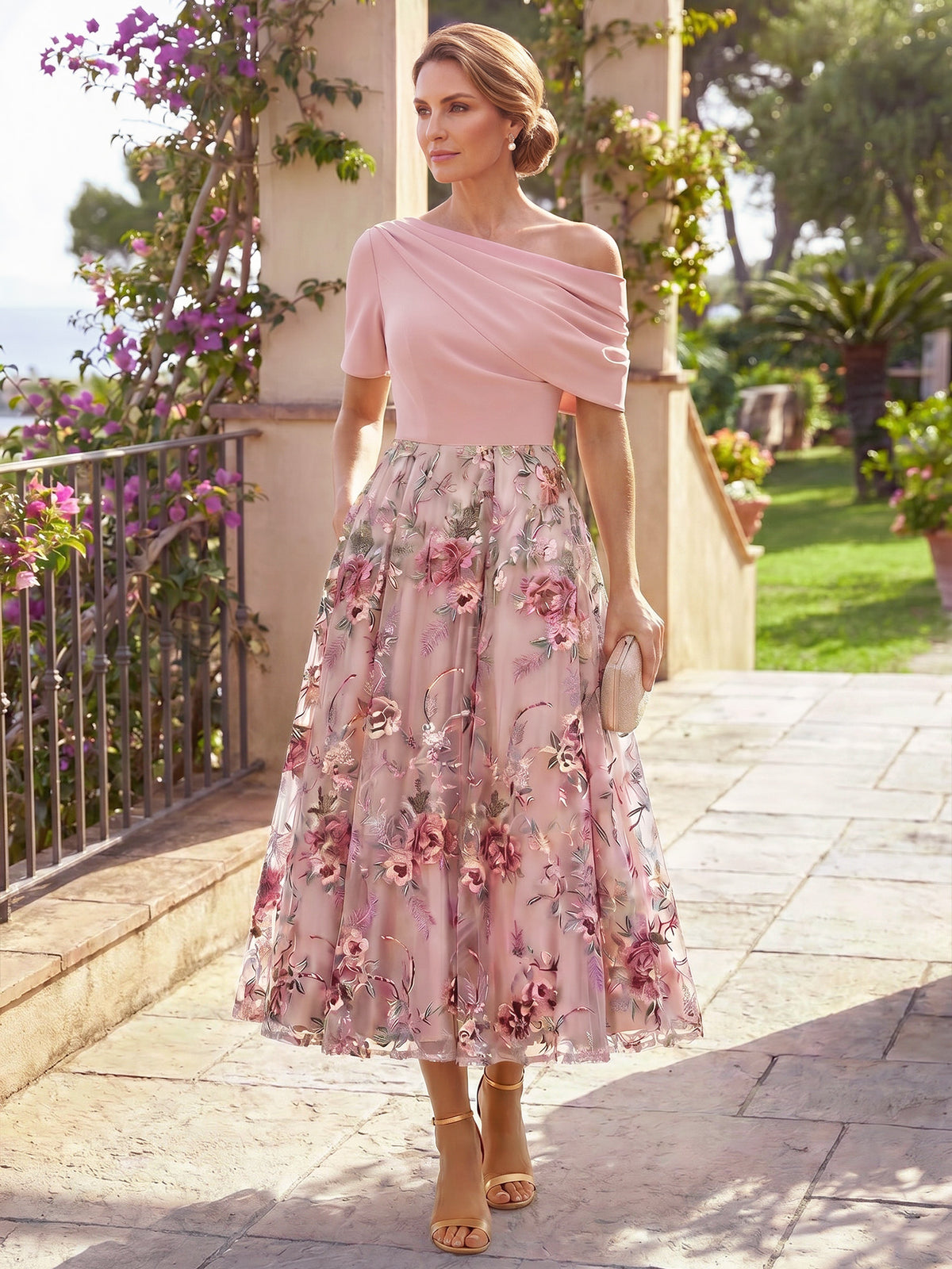 Nafori Candy Pink A-Line Mother Of The Bride Dresses Elegant Stain Embroidery One-Shoulder Short Sleeves Tea-Length Sequins Formal Wedding Guest Dress
