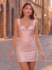 Sheath/Column Homecoming Dresses Sequins Satin Sweetheart Sleeveless Short Boning Zipper Party Dresses