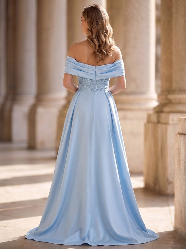 Sheath/Column Evening Dresses Elegant Sequins Satin Floor-Length Off-The-Shoulder Short Sleeves With Overskirt Ruched Zipper Formal Dresses