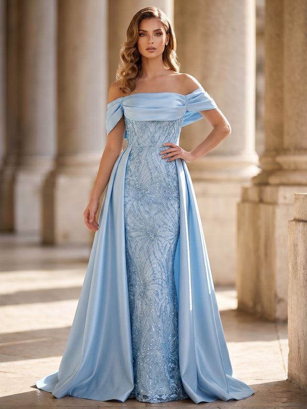 Sheath/Column Evening Dresses Elegant Sequins Satin Floor-Length Off-The-Shoulder Short Sleeves With Overskirt Ruched Zipper Formal Dresses
