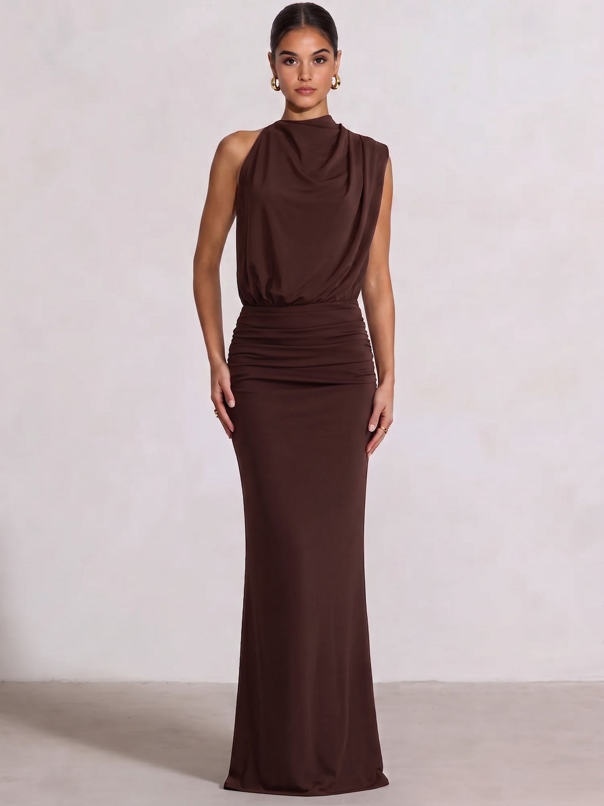 Sheath/Column Evening Dresses Chiffon Boat Neck Sleeveless Floor-Length Ruched  Wedding Guest Dresses