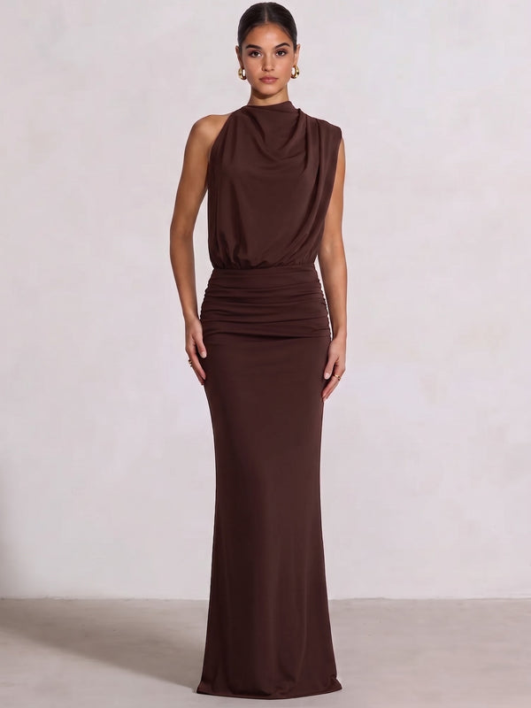 Sheath/Column Evening Dresses Chiffon Boat Neck Sleeveless Floor-Length Ruched  Wedding Guest Dresses
