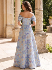 A-line Mother Of The Bride Dresses Elegant Floral Jacquard Floor-Length Off-The-Shoulder Short Sleeves Ruched With Pockets Zipper
