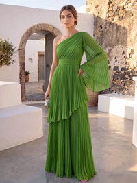 A-Line Formal Dresses Chiffon One Shoulder Single Cape Flare Sleeve Floor-Length Pleated Green Summer  Wedding Guest Dresses