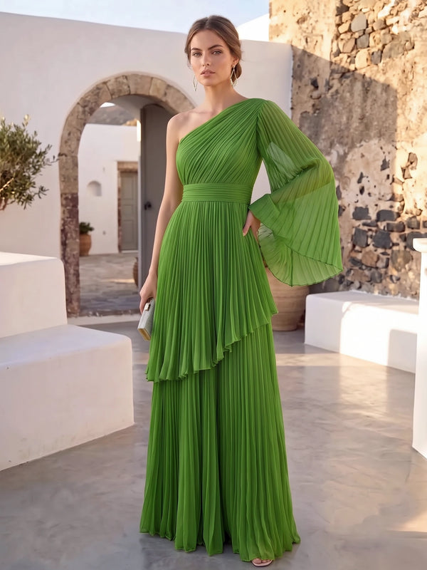 A-Line Evening Dresses Chiffon One Shoulder Single Cape Flare Sleeve Floor-Length Pleated Green Summer  Wedding Guest Dresses