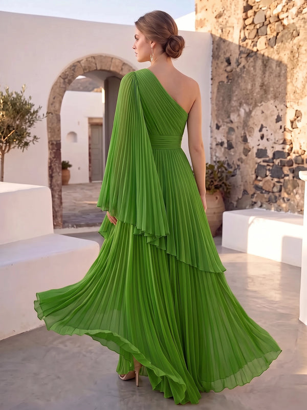 A-Line Evening Dresses Chiffon One Shoulder Single Cape Flare Sleeve Floor-Length Pleated Green Summer  Wedding Guest Dresses