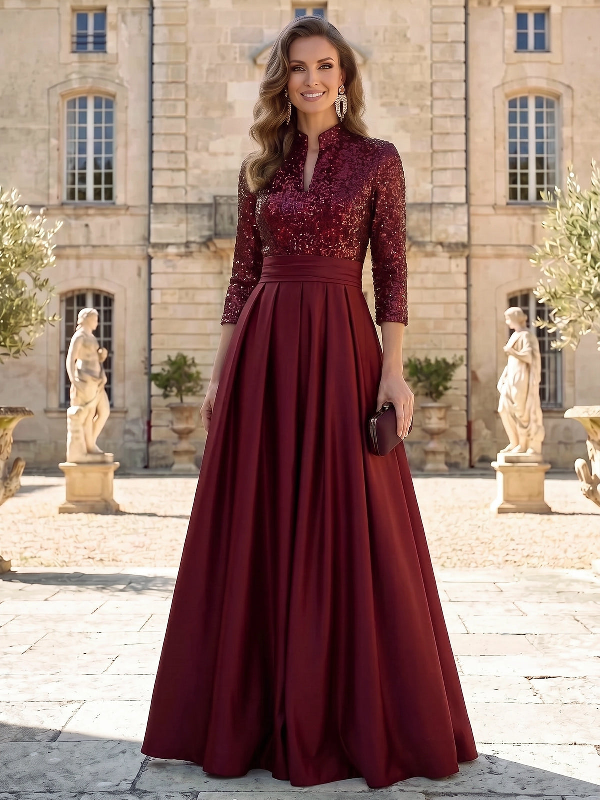 A-Line Mother Of The Bride Dress V Neck Sequins Long Sleeves Floor Length Burgundy Dress Sequined Formal Wedding Guest Dresses