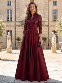 A-Line Mother Of The Bride Dress V Neck Sequins Long Sleeves Floor Length Burgundy Dress Sequined Formal Wedding Guest Dresses