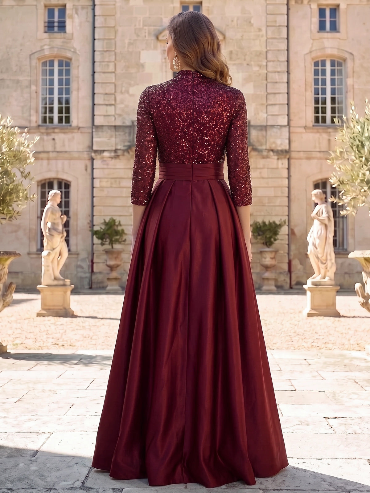 A-Line Mother Of The Bride Dress V Neck Sequins Long Sleeves Floor Length Burgundy Dress Sequined Formal Wedding Guest Dresses