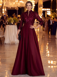 A-Line Mother Of The Bride Dress V Neck Sequins Long Sleeves Floor Length Burgundy Dress Sequined Formal Wedding Guest Dresses