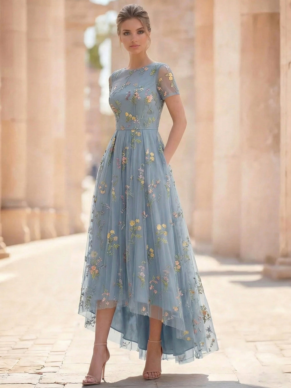 A-Line/Princess Floral Cocktail Dresses Short Sleeves Tulle Formal Ankle Length Dresses Pocket with Floral Emboridary Pocket
