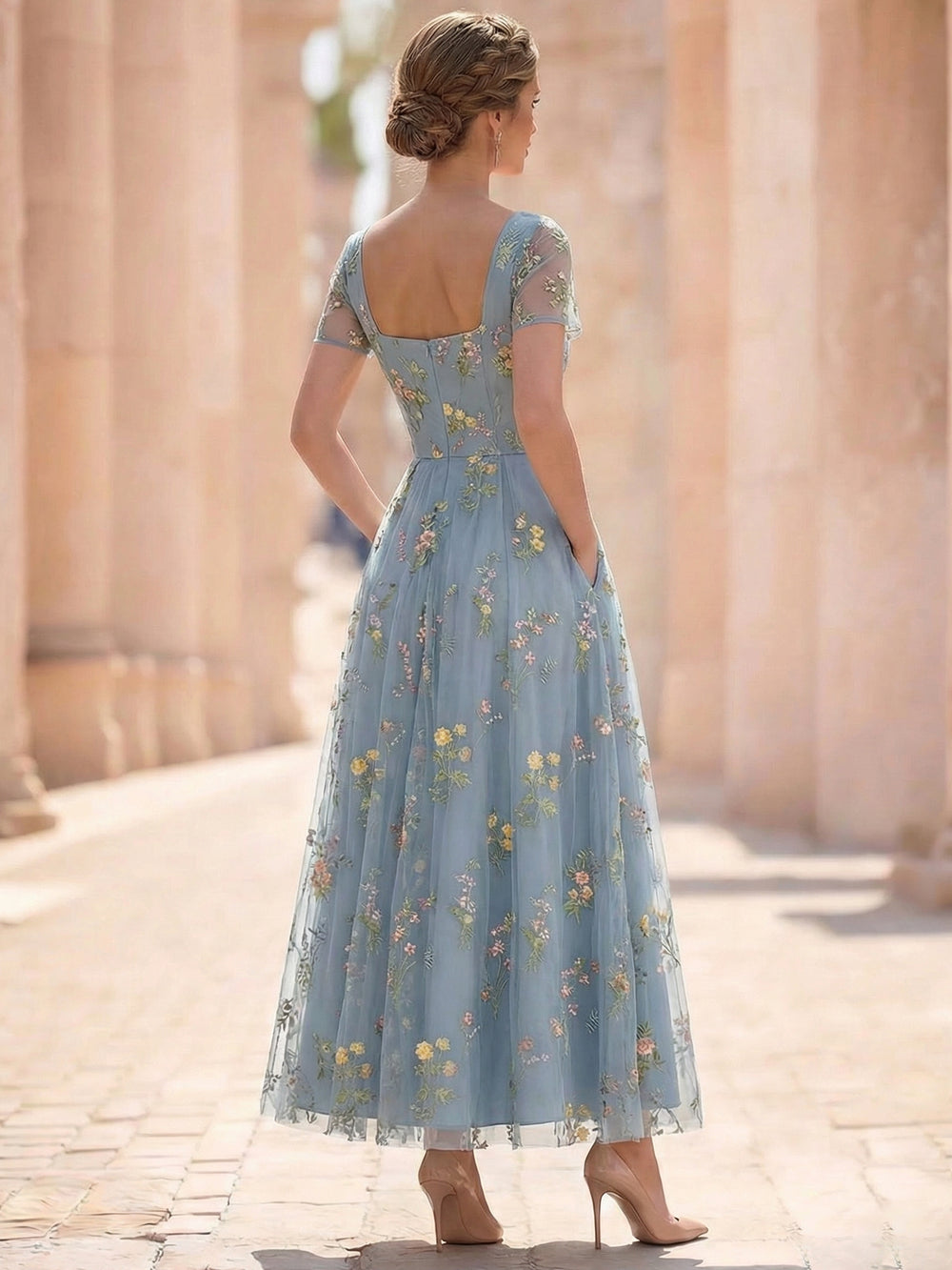 A-Line/Princess Floral Cocktail Dresses Short Sleeves Tulle Formal Ankle Length Dresses Pocket with Floral Emboridary Pocket