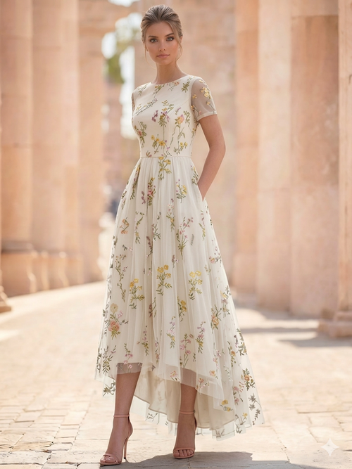 A-Line/Princess Floral Cocktail Dresses Short Sleeves Tulle Formal Ankle Length Dresses Pocket with Floral Emboridary Pocket