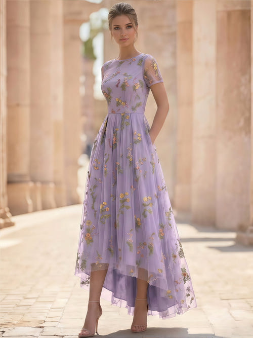 A-Line/Princess Floral Cocktail Dresses Short Sleeves Tulle Formal Ankle Length Dresses Pocket with Floral Emboridary Pocket