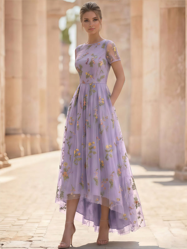Nafori Lilac A-Line/Princess Floral Cocktail Dresses Short Sleeves Tulle Formal Ankle Length Dresses Pocket with Floral Emboridary Pocket 2026
