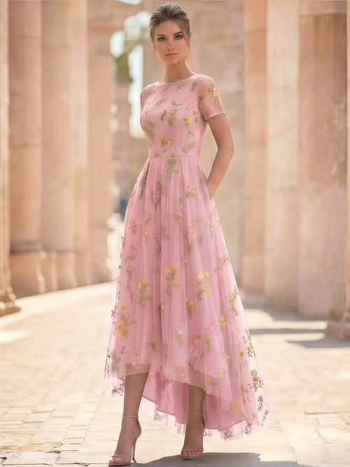 A-Line/Princess Floral Cocktail Dresses Short Sleeves Tulle Formal Ankle Length Dresses Pocket with Floral Emboridary Pocket
