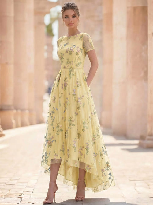 A-Line/Princess Floral Cocktail Dresses Short Sleeves Tulle Formal Ankle Length Dresses Pocket with Floral Emboridary Pocket