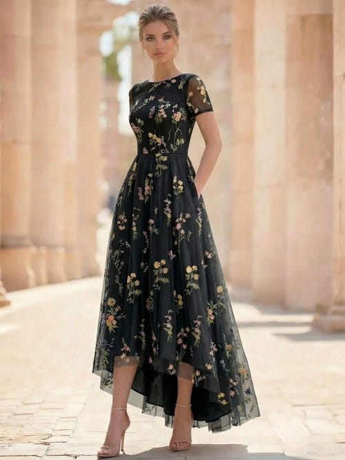 A-Line/Princess Floral Cocktail Dresses Short Sleeves Tulle Formal Ankle Length Dresses Pocket with Floral Emboridary Pocket
