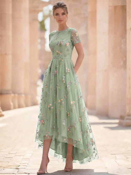 A-Line/Princess Floral Cocktail Dresses Short Sleeves Tulle Formal Ankle Length Dresses Pocket with Floral Emboridary Pocket