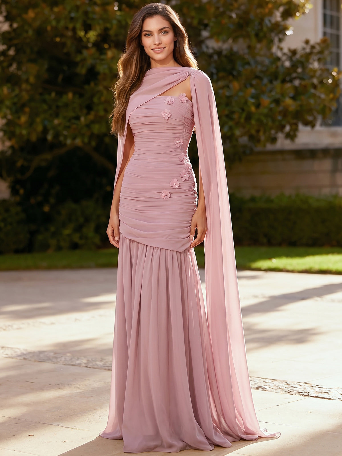 Nafori Dusty Rose Mermaid Evening Dresses Elegant Runched Chiffon Grecian Style For Bridesmaid Party Wedding Guest Dress With Cape 3D Flower 2026