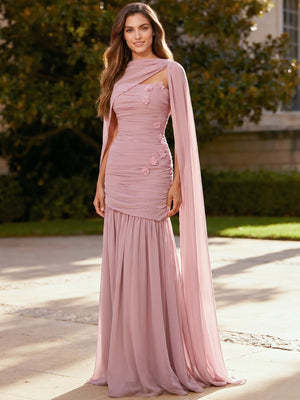 Mermaid Evening Dresses Elegant Runched Chiffon Grecian Style For Bridesmaid Party Wedding Guest Dress With Cape 3D Flower
