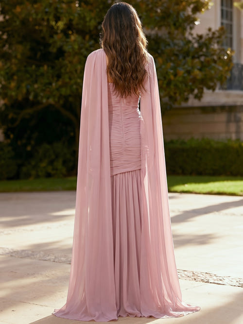Mermaid Evening Dresses Elegant Runched Chiffon Grecian Style For Bridesmaid Party Wedding Guest Dress With Cape 3D Flower