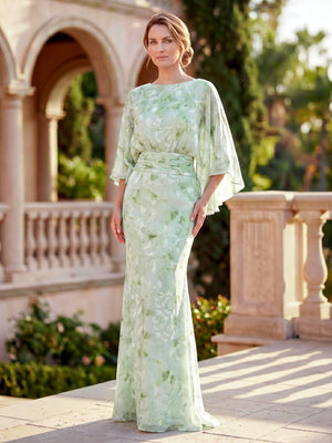Sheath/Colum Mother Of The Bride Dresses Elegant Printed Chiffon Floor-Length Scoop 1/2 Sleeves Sash Wedding Guest Dresses