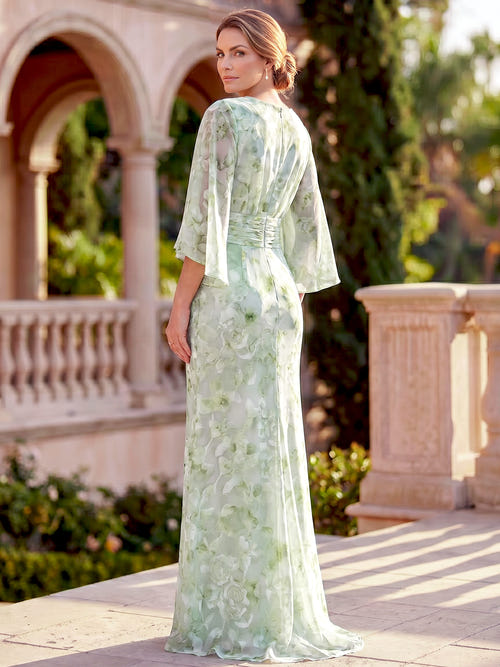Sheath/Colum Mother Of The Bride Dresses Elegant Printed Chiffon Floor-Length Scoop 1/2 Sleeves Sash Wedding Guest Dresses