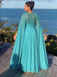 A-Line/Princess Evening Dresses Chiffon Lace Bateau Neck Cape Sleeves Floor-Length Pleated Formal Dresses