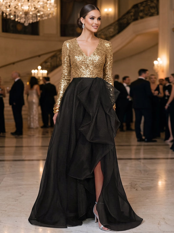 A-Line Evening Sequined Gold Dresses Tulle Gold V Neck High Slit Ruffles Formal Wedding Floor Length Sparkly Party Dress