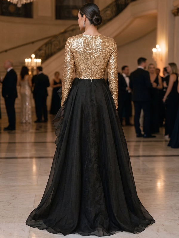 A-Line Evening Sequined Gold Dresses Tulle Gold V Neck High Slit Ruffles Formal Wedding Floor Length Sparkly Party Dress