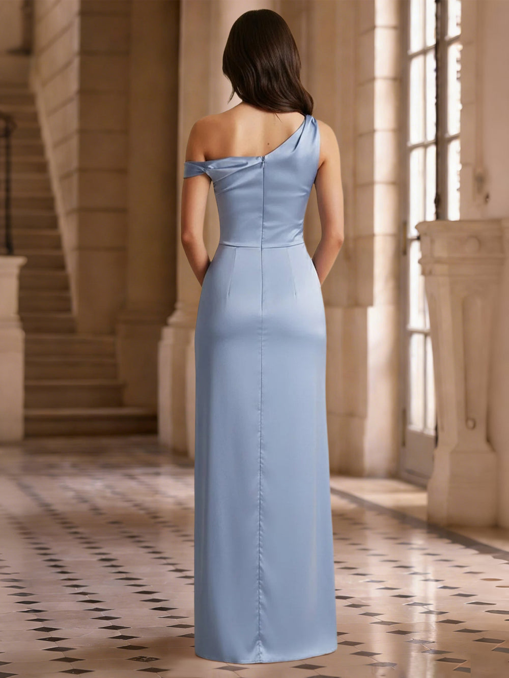 Sheath/Column Wedding Guest Dress Stretch Satin One Shoulder Floor-Length Elegant Dress with Ruffles&Side Split