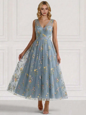 A-Line/Princess Cocktail Dresses Floral V Neck Sleeveless Tulle Formal Ankle Length Dresses Pocket with Floral Emboridary Pocket