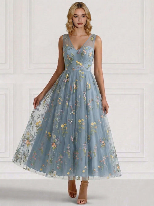 A-Line/Princess Cocktail Dresses Floral V Neck Sleeveless Tulle Formal Ankle Length Dresses Pocket with Floral Emboridary Pocket