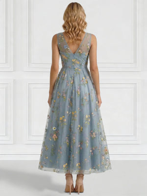 A-Line/Princess Cocktail Dresses Floral V Neck Sleeveless Tulle Formal Ankle Length Dresses Pocket with Floral Emboridary Pocket