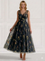A-Line/Princess Cocktail Dresses Floral V Neck Sleeveless Tulle Formal Ankle Length Dresses Pocket with Floral Emboridary Pocket