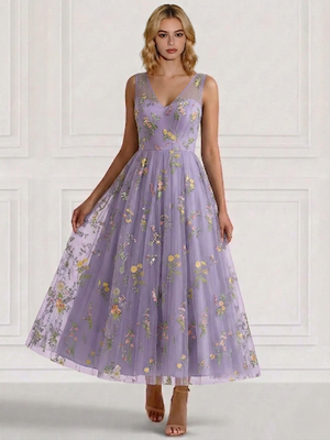 A-Line/Princess Cocktail Dresses Floral V Neck Sleeveless Tulle Formal Ankle Length Dresses Pocket with Floral Emboridary Pocket