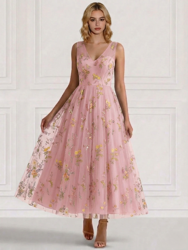 A-Line/Princess Cocktail Dresses Floral V Neck Sleeveless Tulle Formal Ankle Length Dresses Pocket with Floral Emboridary Pocket