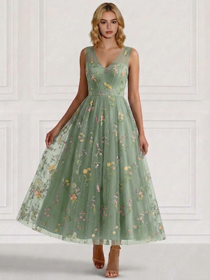 A-Line/Princess Cocktail Dresses Floral V Neck Sleeveless Tulle Formal Ankle Length Dresses Pocket with Floral Emboridary Pocket