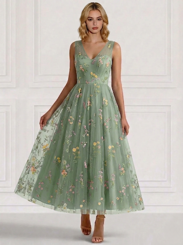 A-Line/Princess Cocktail Dresses Floral V Neck Sleeveless Tulle Formal Ankle Length Dresses Pocket with Floral Emboridary Pocket
