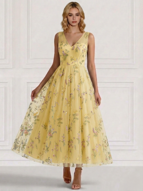 A-Line/Princess Cocktail Dresses Floral V Neck Sleeveless Tulle Formal Ankle Length Dresses Pocket with Floral Emboridary Pocket