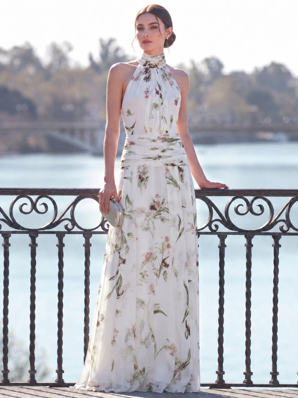 A-Line/Princess Evening Dress Elegant Ruched Corset Floral Floor-Length Wedding Guest Summer Party Dress With Tie-Back Bow