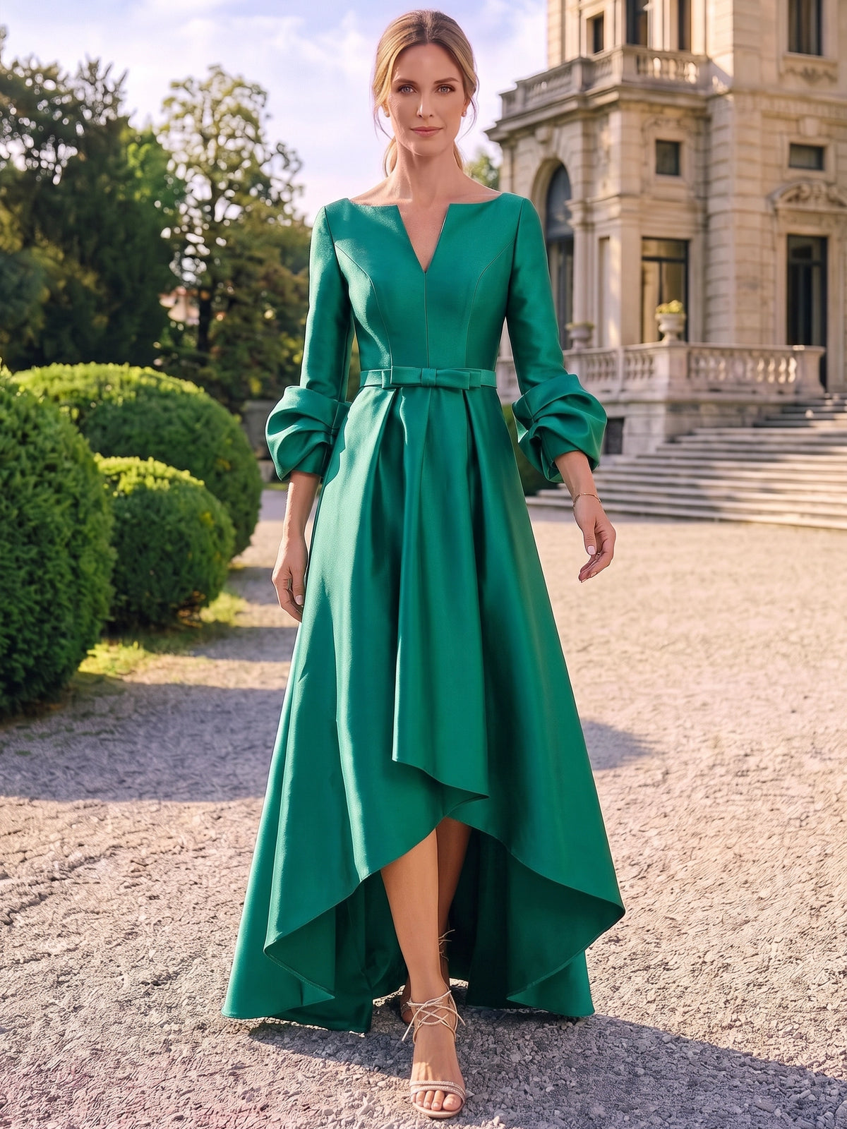 Nafori Dark Green A-Line Mother Of The Bride Dresses Elegant Satin Asymmetrical 3/4 Sleeves V-Neck With Sash Zipper Formal Dresses 2026