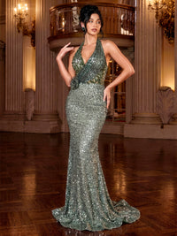 Mermaid Sequins Evening Dresses Formal Halter Sleeveless Floor-Length Sparkle With 3D Flowers Zipper