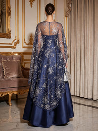 A-Line Mother Of The Bride Dresses Elegant Satin Asymmetrical Sequined Cape Sleeves Bateau Neck With Pocket Wedding Guest