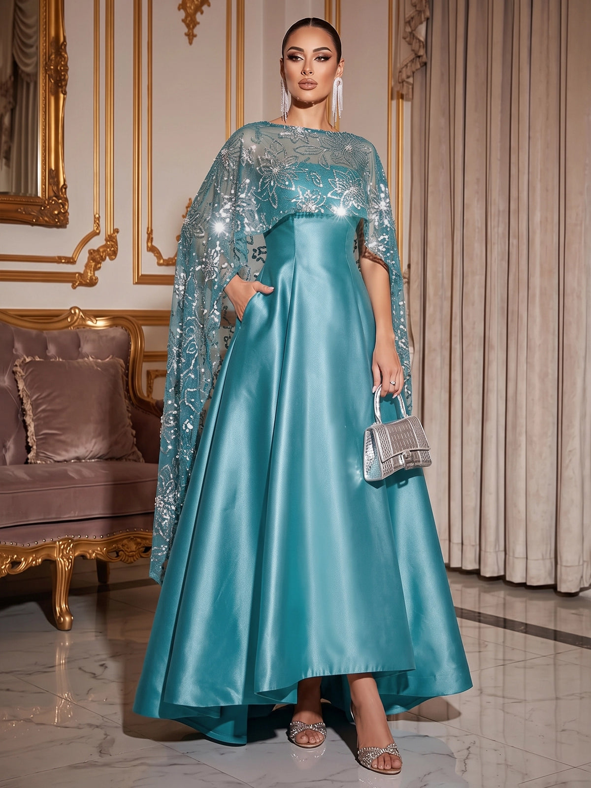 A-Line Mother Of The Bride Dresses Elegant Satin Asymmetrical Sequined Cape Sleeves Bateau Neck With Pocket Wedding Guest