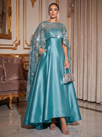 A-Line Mother Of The Bride Dresses Elegant Satin Asymmetrical Sequined Cape Sleeves Bateau Neck With Pocket Wedding Guest