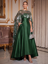 A-Line Mother Of The Bride Dresses Elegant Satin Asymmetrical Sequined Cape Sleeves Bateau Neck With Pocket Wedding Guest