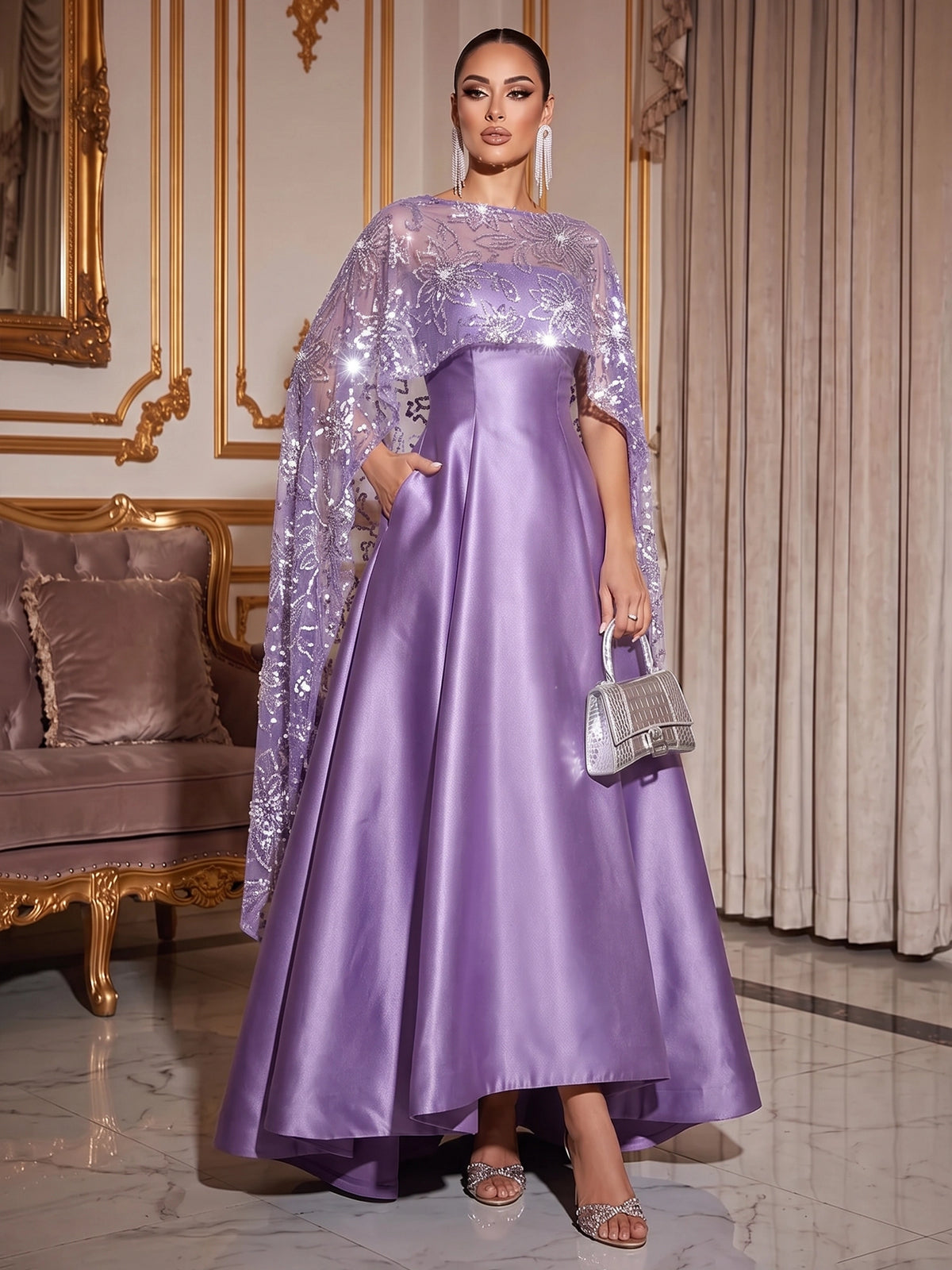 A-Line Mother Of The Bride Dresses Elegant Satin Asymmetrical Sequined Cape Sleeves Bateau Neck With Pocket Wedding Guest