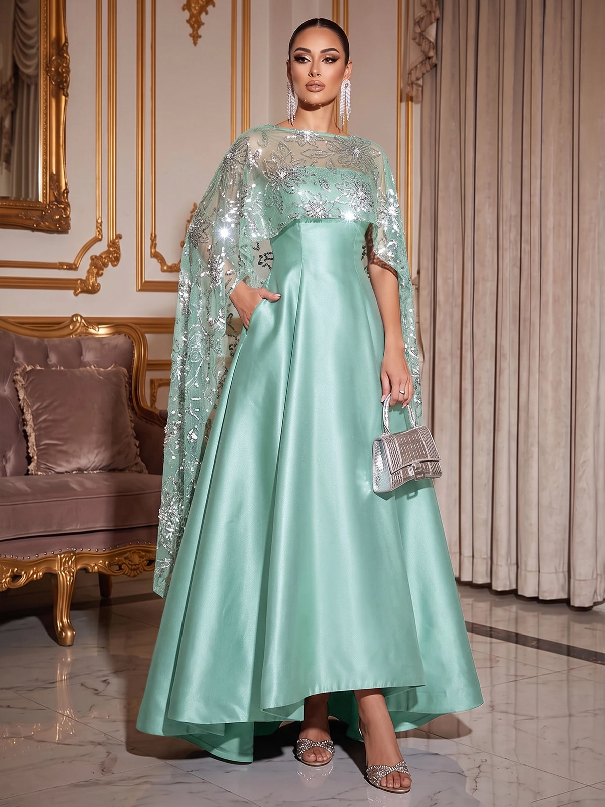 A-Line Mother Of The Bride Dresses Elegant Satin Asymmetrical Sequined Cape Sleeves Bateau Neck With Pocket Wedding Guest